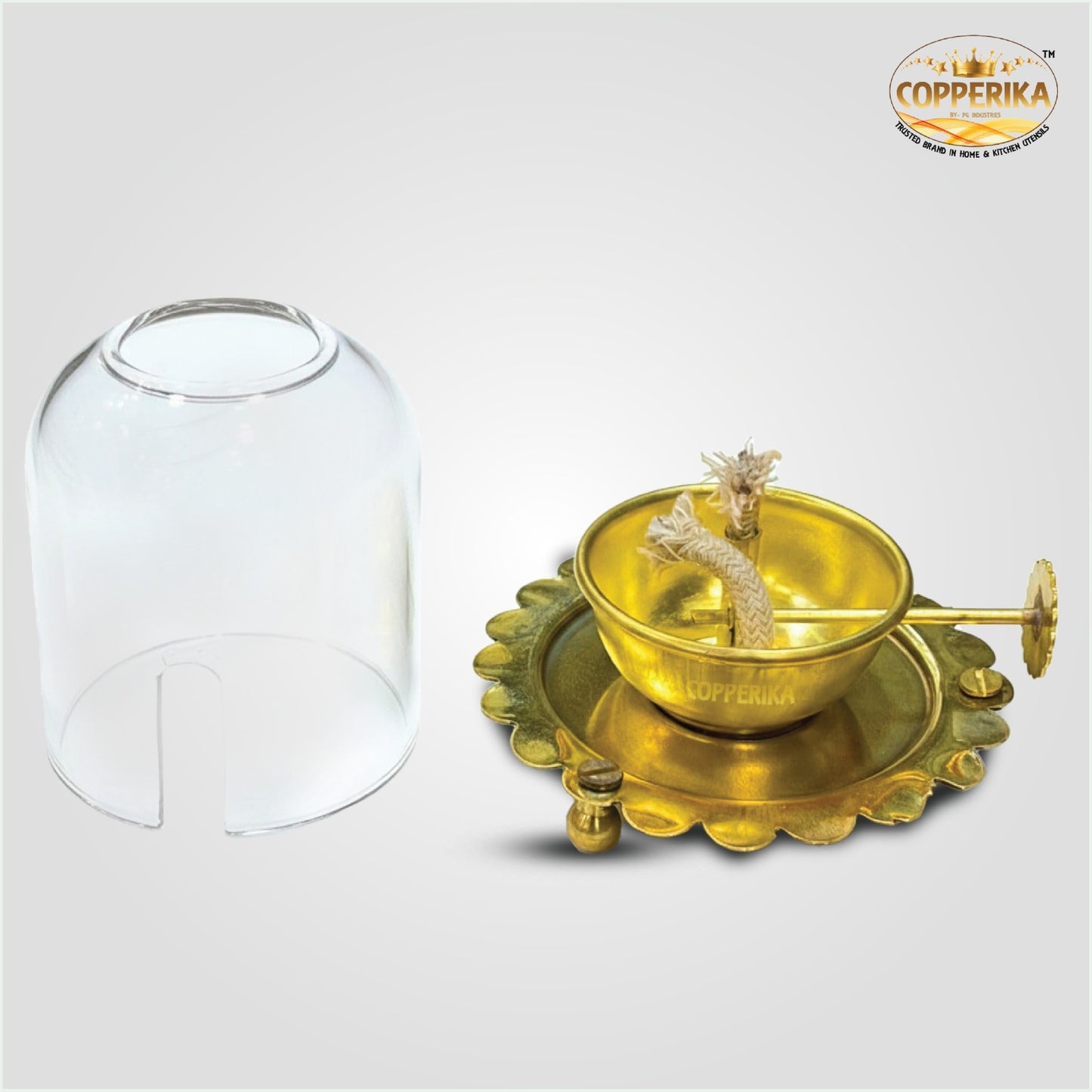 Copperika Brass Akhand Jyoti Diya Oil Lamp with Adjustable Bati Knob | Lifting Screw Wick Holder & Borosilicate Glass Cover | Brass Diya Stay Lit for 48 Hours