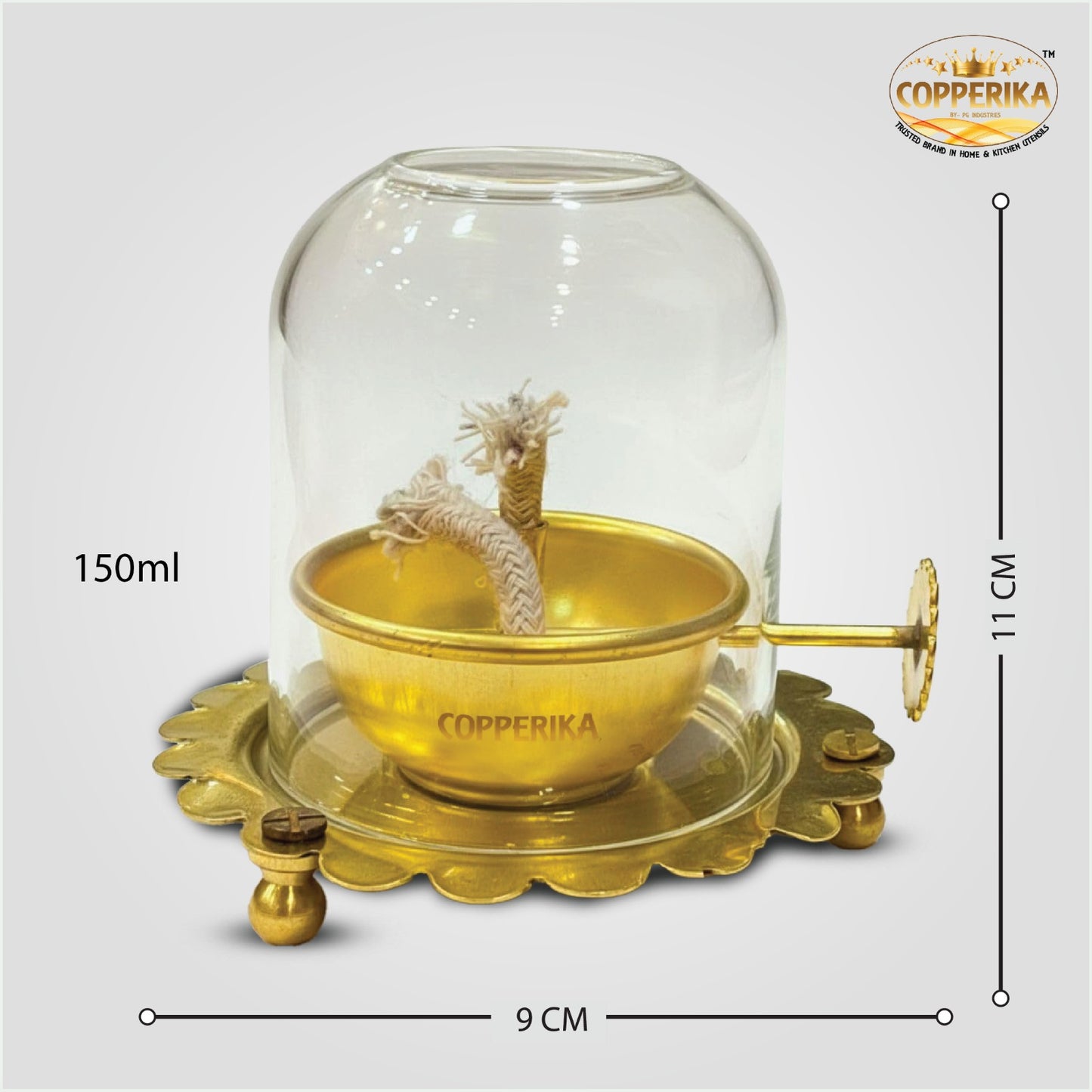 Copperika Brass Akhand Jyoti Diya Oil Lamp with Adjustable Bati Knob | Lifting Screw Wick Holder & Borosilicate Glass Cover | Brass Diya Stay Lit for 48 Hours