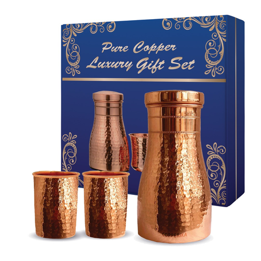Copperika Bedroom Jar Hammered Diwali Gift Set Copper Water Bottle 1000ml + Copper Glass (Pack of 2-300ml Each) Original Heavy Build |BPA Free with Ayurvedic & Other HealthBenefits for Home & Office