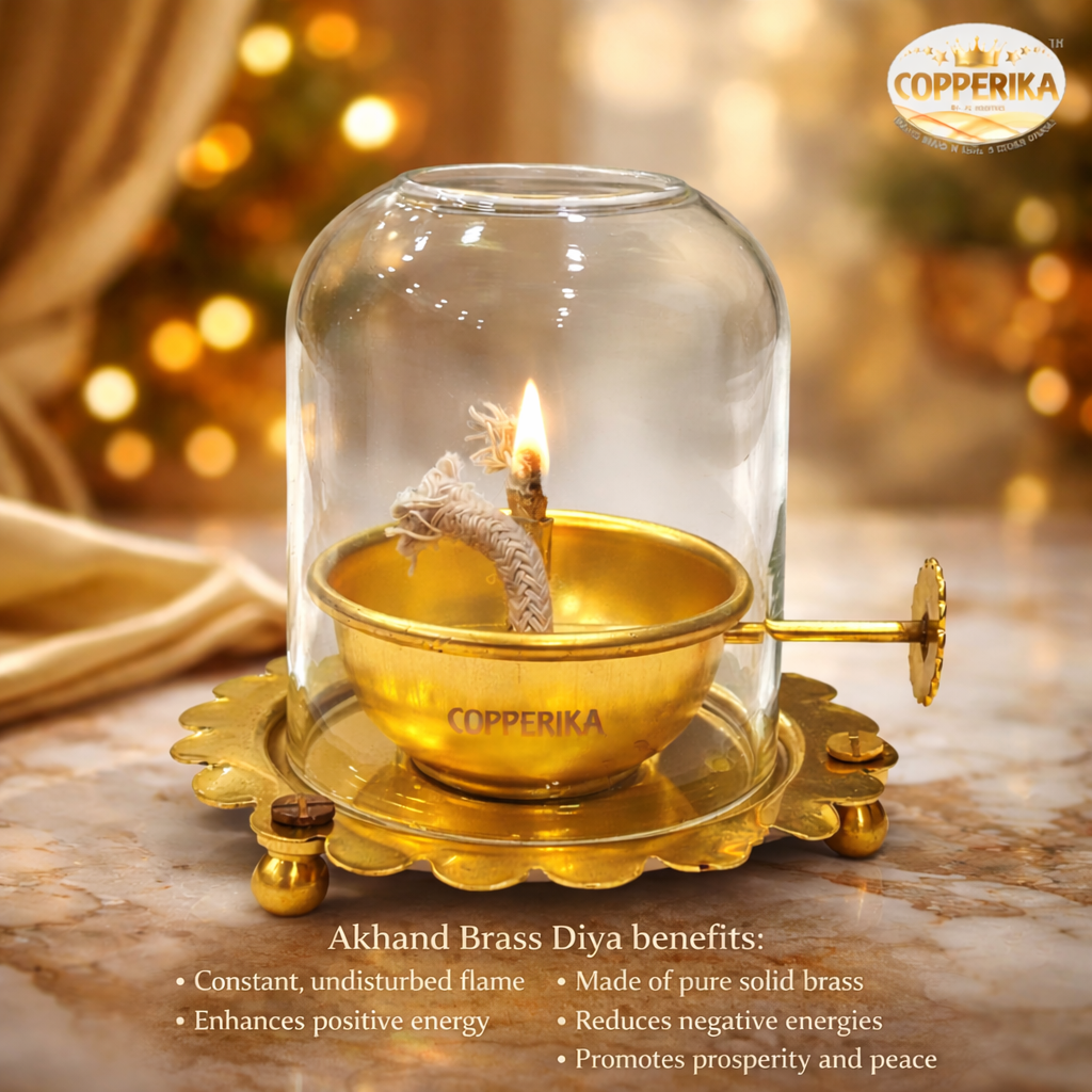 Copperika Brass Akhand Jyoti Diya Oil Lamp with Adjustable Bati Knob | Lifting Screw Wick Holder & Borosilicate Glass Cover | Brass Diya Stay Lit for 48 Hours