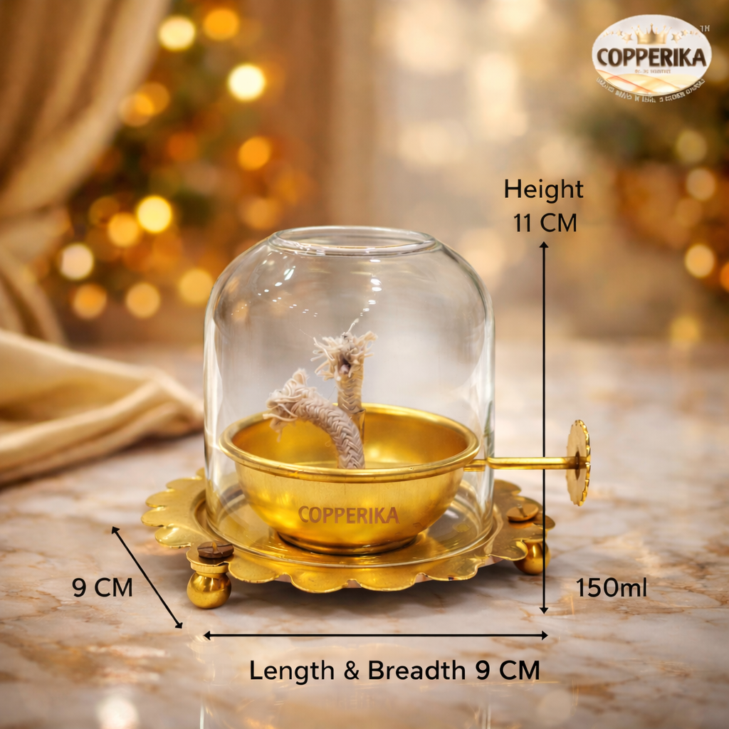 Copperika Brass Akhand Jyoti Diya Oil Lamp with Adjustable Bati Knob | Lifting Screw Wick Holder & Borosilicate Glass Cover | Brass Diya Stay Lit for 48 Hours