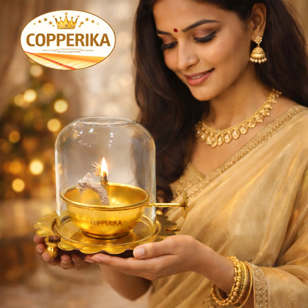 Copperika Brass Akhand Jyoti Diya Oil Lamp with Adjustable Bati Knob | Lifting Screw Wick Holder & Borosilicate Glass Cover | Brass Diya Stay Lit for 48 Hours