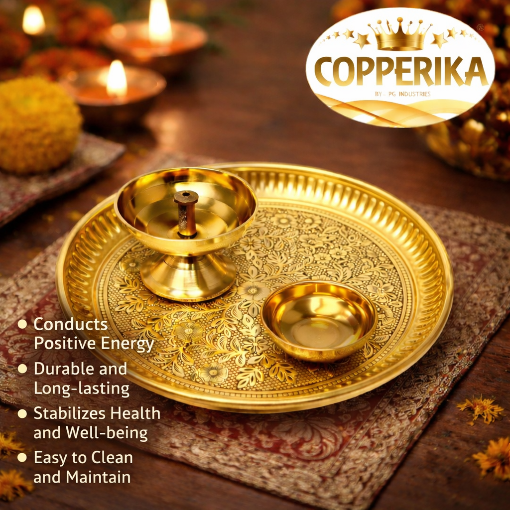 Copperika Premium Brass Pooja Thali (Set of 3) Antique Pooja Thali with Bhog Bowl and Diya (Pack of 3) Arti Thali for Diwali Home Office Mandir Wedding Ganpati Return Gift Items