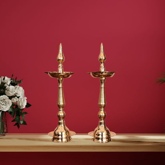 Copperika Pure Brass Diya Kerala Samai 19 Inch (Set of 2) Heavy Build | Traditional Oil Lamp Deepak Lamp Kutthu vilakku Panchmahal Deepam for Pooja Mandir Diwali Indian Puja Wedding Return Gift Items