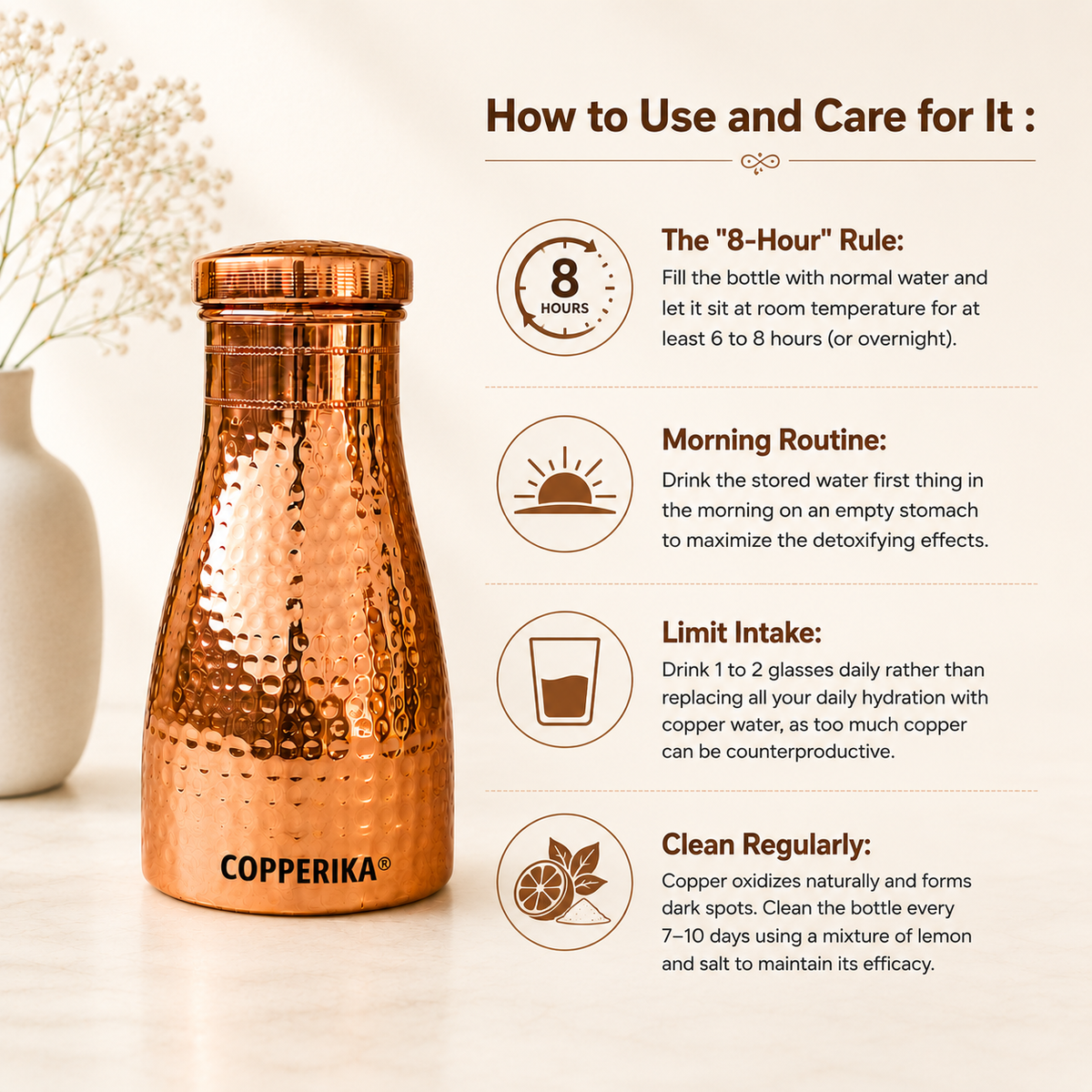 Copperika® Export Quality Bedroom Jar Hammered Diwali Gift Set Copper Water Bottle 1000ml + Copper Glass (Pack of 2-300ml Each) Original Heavy Build | BPA Free with Ayurvedic & Other Health Benefit