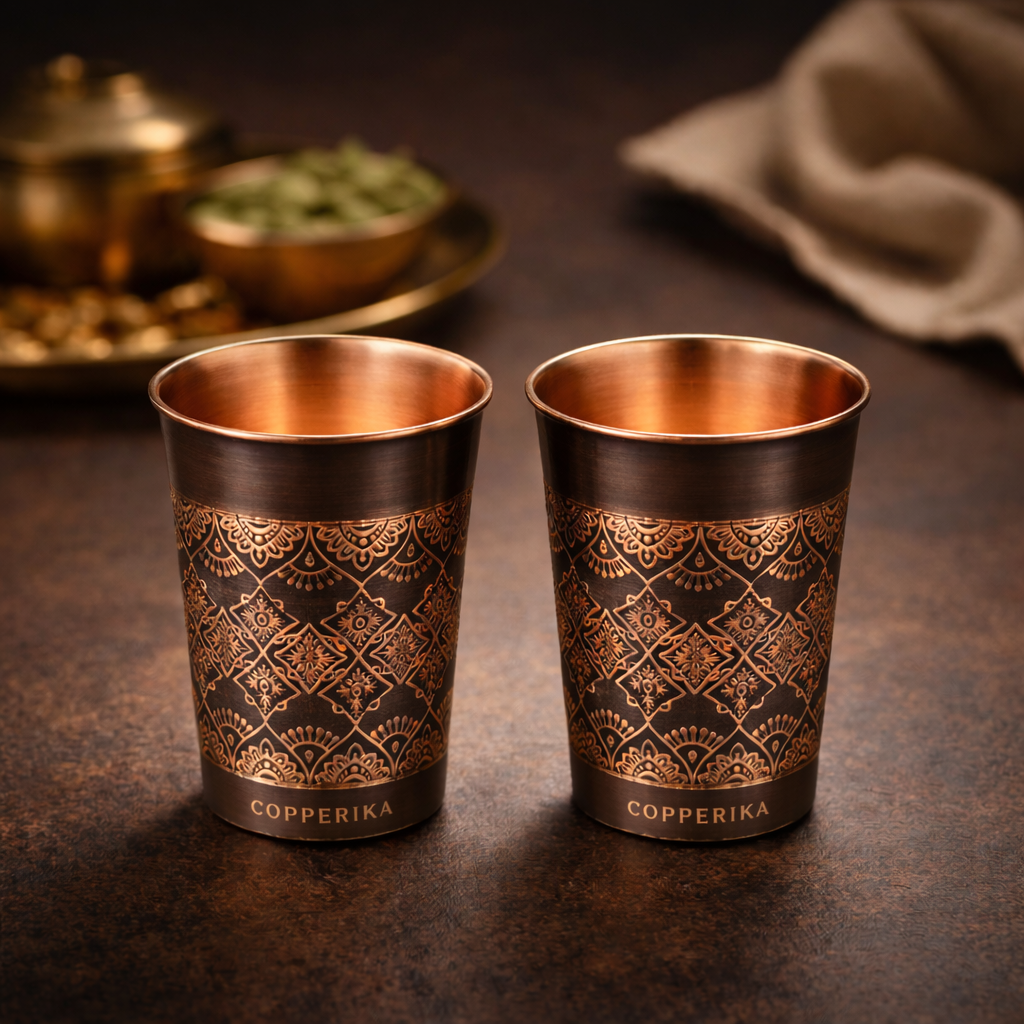 Copperika® Antique Design Original 100% Pure Copper Glass | Volume- 300 ml | Drinking Serving Water | Heavy Build | Eco Friendly with Ayurvedic & Other Health Benefits