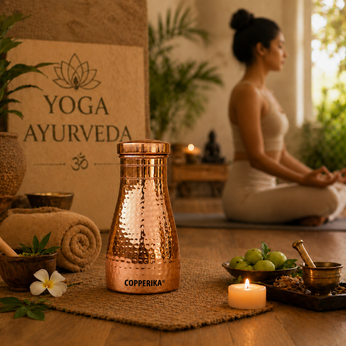 Copperika® Export Quality Bedroom Jar Hammered Diwali Gift Set Copper Water Bottle 1000ml + Copper Glass (Pack of 2-300ml Each) Original Heavy Build | BPA Free with Ayurvedic & Other Health Benefit