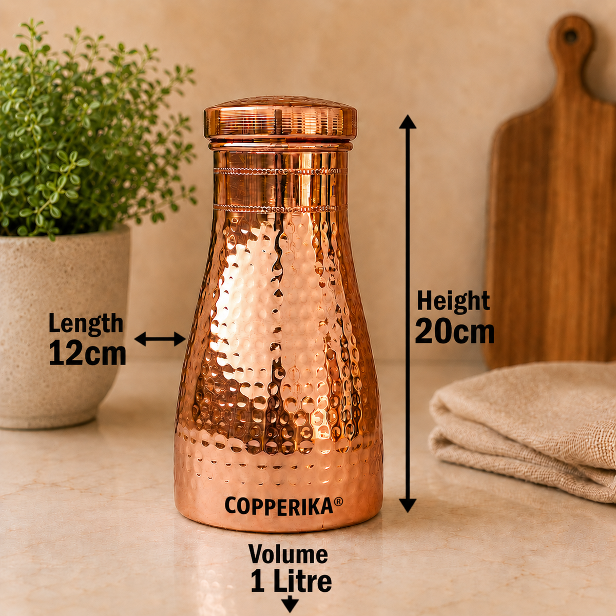 Copperika® Export Quality Bedroom Jar Hammered Diwali Gift Set Copper Water Bottle 1000ml + Copper Glass (Pack of 2-300ml Each) Original Heavy Build | BPA Free with Ayurvedic & Other Health Benefit