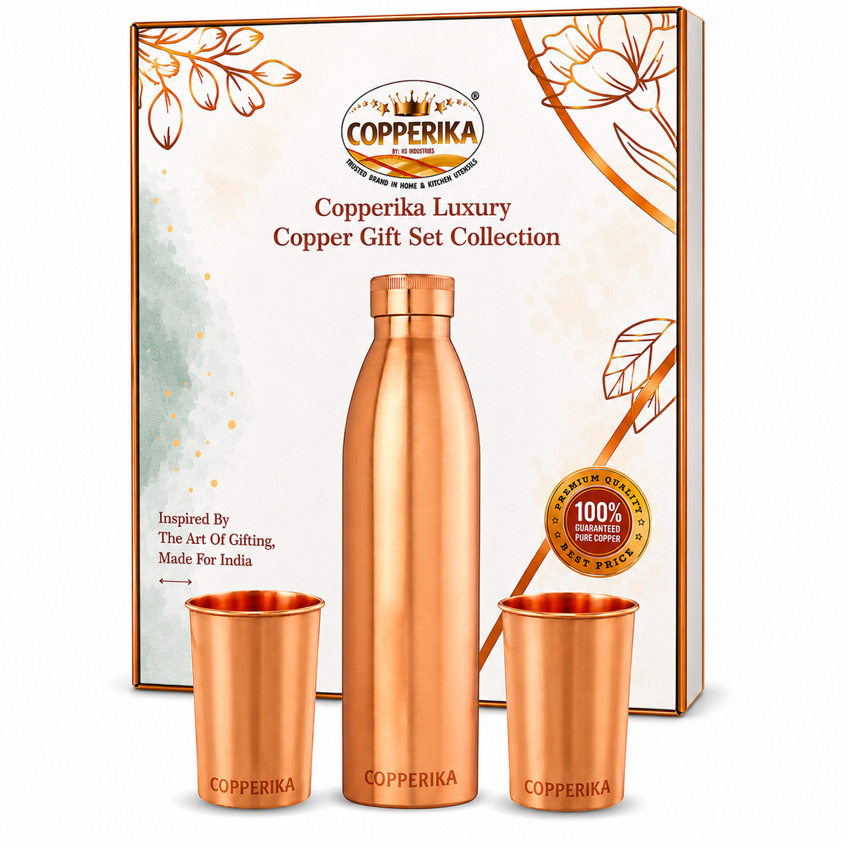 Copperika® Classic Diwali Gift Set Copper Water Bottle litre 1000ml + Copper Glass (Pack of 2-300ml Each) Original Heavy Build |BPA Free With Ayurvedic & Other Health Benefits For All Users