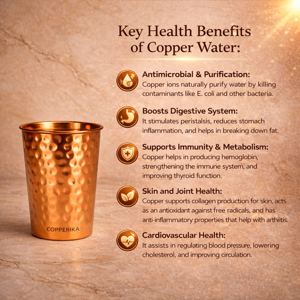 Copperika® Export Quality Bedroom Jar Hammered Diwali Gift Set Copper Water Bottle 1000ml + Copper Glass (Pack of 2-300ml Each) Original Heavy Build | BPA Free with Ayurvedic & Other Health Benefit