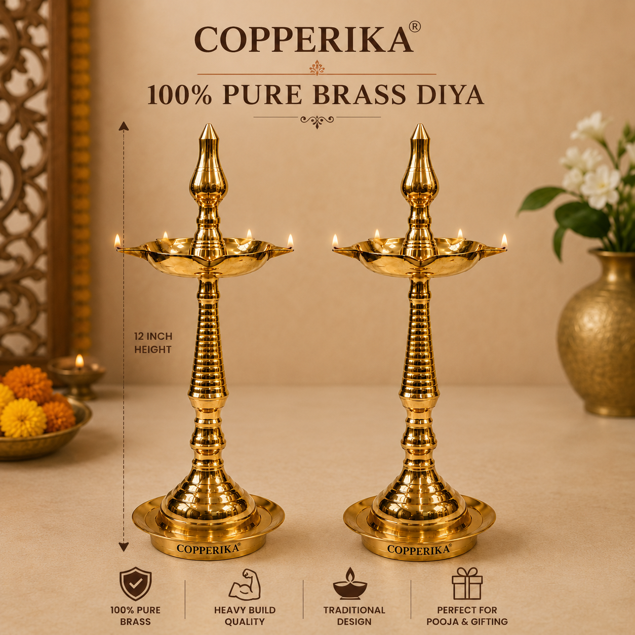 Copperika® Gift Hamper 100% Pure Brass Diya Kerala Samai 12 Inch (Set of 2) | Metal Om & Swastik Diya | Metal Bowl & Spoon | Oil Lamp Deepam Lamp Kutthu vilakku for Pooja Mandir Diwali Puja Ganesh Chaturthi