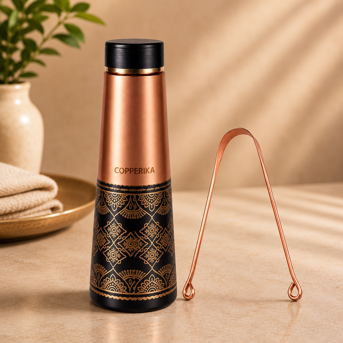Copperika® Luxurious Antique 100% Pure Copper Water Bottle 950ml + COPPER TOUNGE CLEANER FREE With Ayurvedic & Other Health Benefits |Original Heavy Build | Gift Item | Marriage | Anniversary For All Users