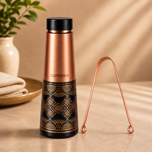 Copperika® Luxurious Antique 100% Pure Copper Water Bottle 950ml + COPPER TOUNGE CLEANER FREE With Ayurvedic & Other Health Benefits |Original Heavy Build | Gift Item | Marriage | Anniversary For All Users