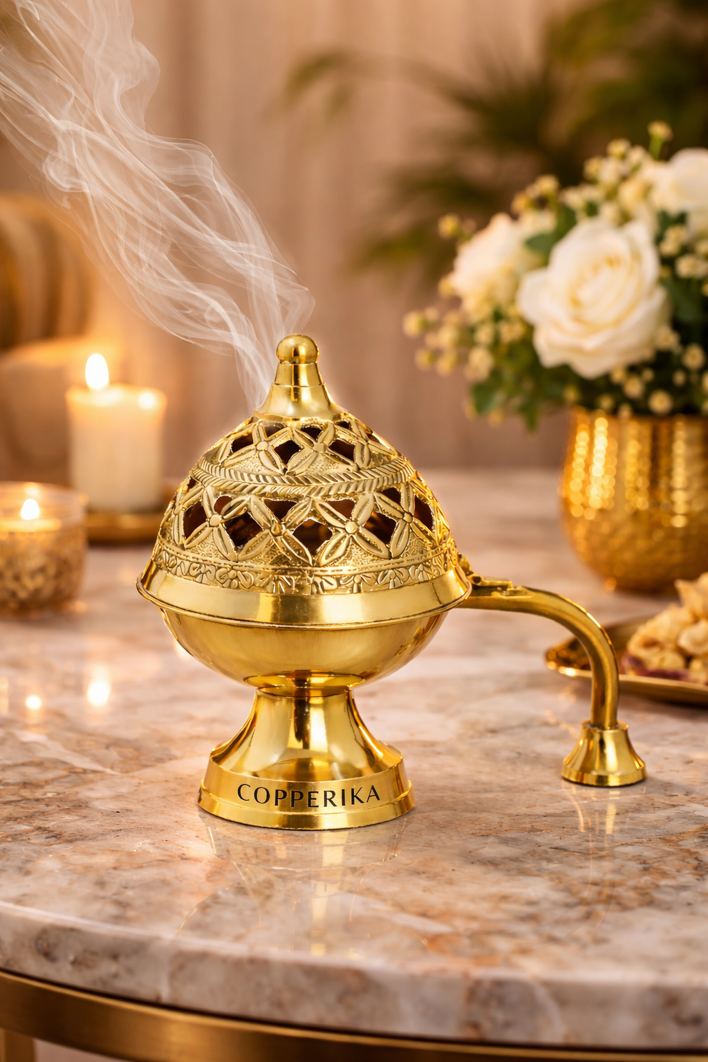 Copperika Purifying Brass Dhoop Dani with Handle (Medium Size) Dhuna Loban Burner Dhooni Dhuni Incense Burner for Loban. Pooja Accent & Auspicious Symbol, Return Gift Item Diwali Gift Item