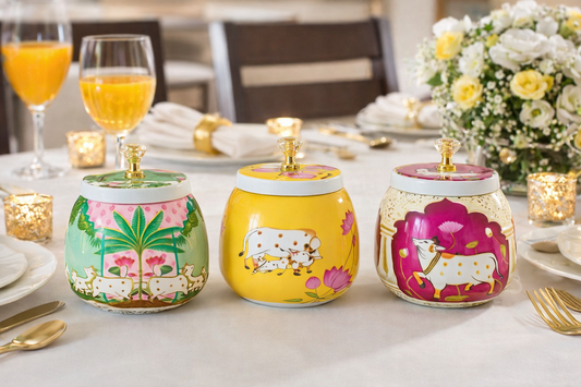 Copperika Metal Pichwai Mix Color Dry Fruit Jar Box (Pack of 2) Heavy Build | For Dry Fruits/Chocolates/Decorative Serving Bowl Container/Return Gift/Diwali Gift Item