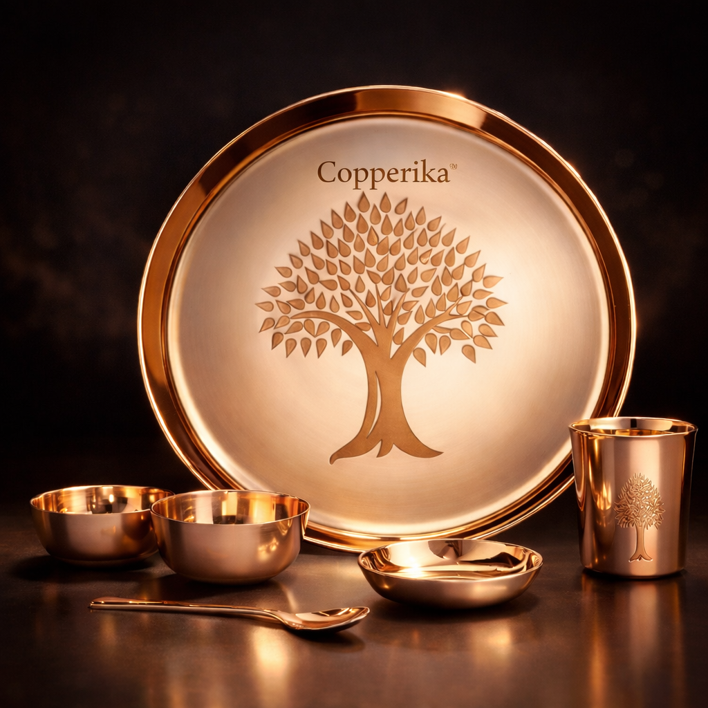 Copperika® Luxurious 100% Pure Bronze Kansa Dinner Thali Set of 6 | 1 Platter,2 Bowls,1Tumbler,1 Glass |1 Spoon|  Heavy | Ayurvedic Kansa Utensils for Health & Wellness | Ideal Gift for All Occasion