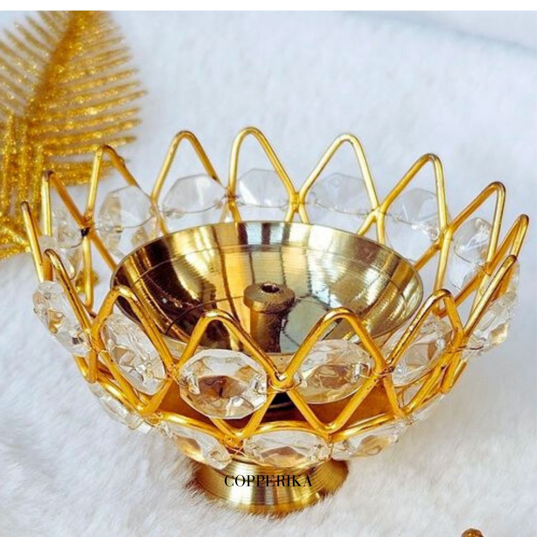 Copperika Golden Brass Crystal Lotus Kamal Shape Round Akhand Diya | Size L / W 3 Inc & H - 2.1 Inc Jyoti Oil Lamp for Home Puja Pooja Temple Mandir Diwali Decoration Items