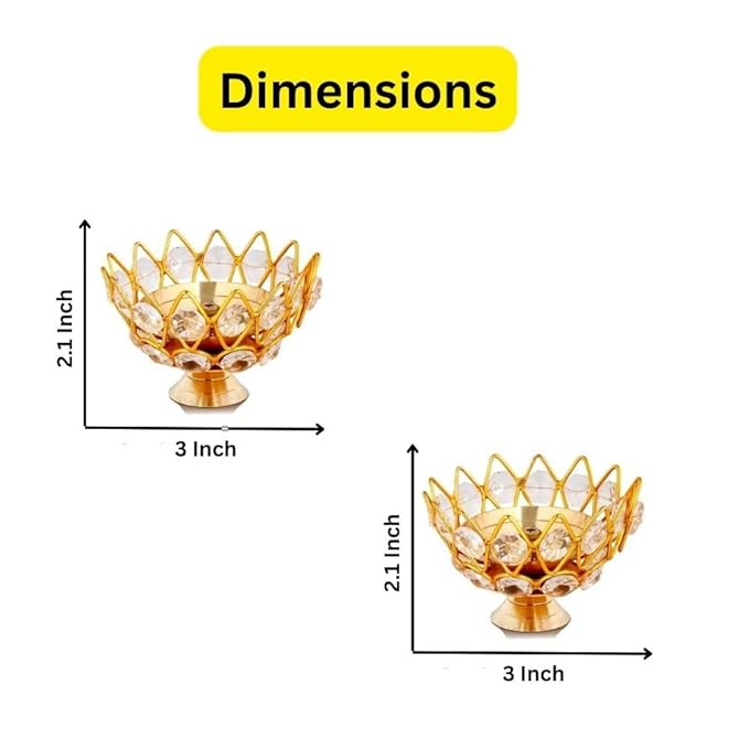 Copperika Golden Brass Crystal Lotus Kamal Shape Round Akhand Diya | Size L / W 3 Inc & H - 2.1 Inc Jyoti Oil Lamp for Home Puja Pooja Temple Mandir Diwali Decoration Items