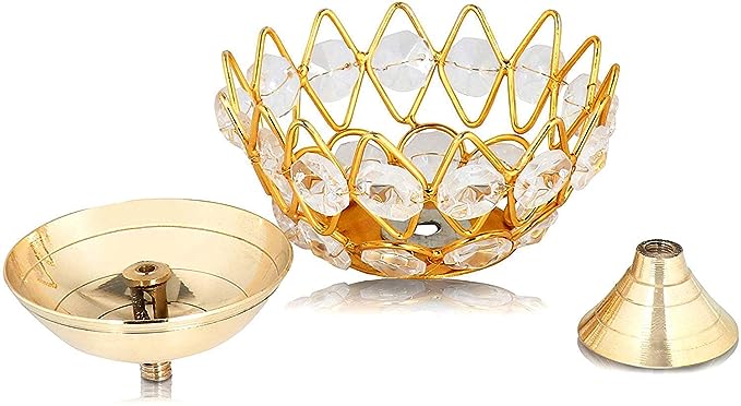 Copperika Golden Brass Crystal Lotus Kamal Shape Round Akhand Diya | Size L / W 3 Inc & H - 2.1 Inc Jyoti Oil Lamp for Home Puja Pooja Temple Mandir Diwali Decoration Items
