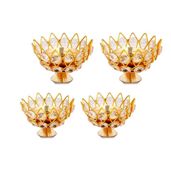 Copperika Golden Brass Crystal Lotus Kamal Shape Round Akhand Diya | Size L / W 3 Inc & H - 2.1 Inc Jyoti Oil Lamp for Home Puja Pooja Temple Mandir Diwali Decoration Items