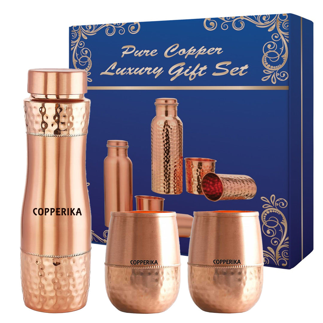 Copperika Premium Gift Set Pure Copper Water Bottle 1000ml + Copper Glass (Pack of 2-300ml Each) Original Heavy Build |BPA Free With Ayurvedic & Other Health Benefits For Home, Office, & Travel