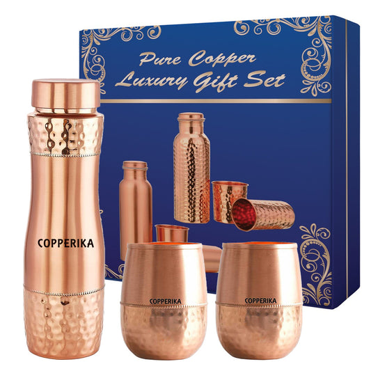 Copperika® Premium Gift Set Pure Copper Water Bottle 1000ml + Copper Glass (Pack of 2-300ml Each) Original Heavy Build |BPA Free With Ayurvedic & Other Health Benefits For Home, Office, & Travel
