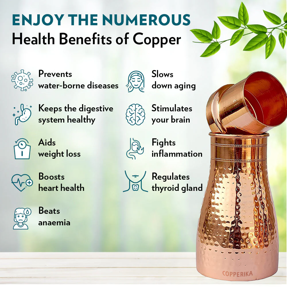 Copperika Pure Bedroom Jar Copper Water Bottle 1 Litre - 1000ml Original With Ayurvedic & Other Health Benefits | BPA Free | Heavy Quality Build | For Home, Office, Kids & Travel