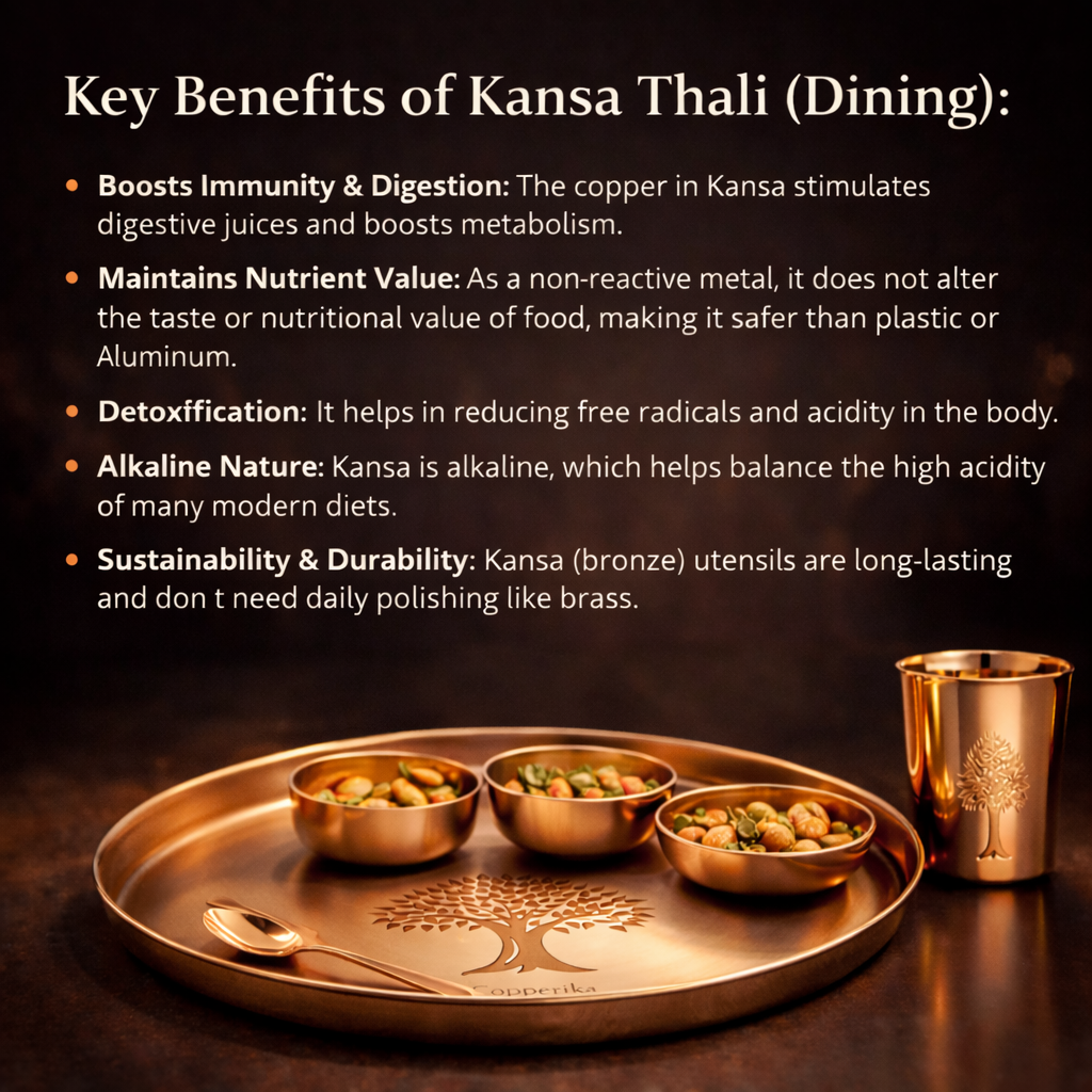 Copperika® Luxurious 100% Pure Bronze Kansa Dinner Thali Set of 6 | 1 Platter,2 Bowls,1Tumbler,1 Glass |1 Spoon|  Heavy | Ayurvedic Kansa Utensils for Health & Wellness | Ideal Gift for All Occasion