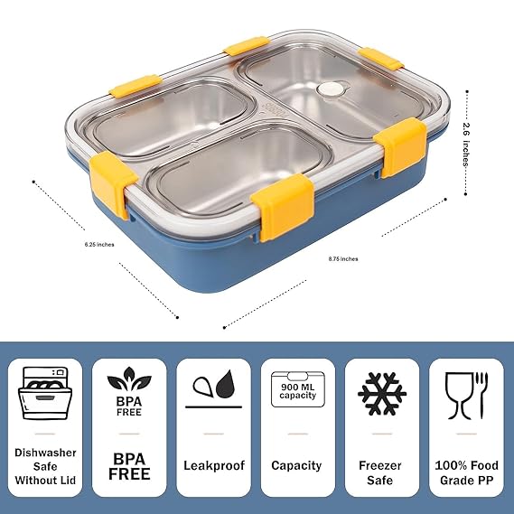 Copperika Lunch Box Sealed Leakage Proof Stainless Steel Lunch Box 3 Compartment for School Kids and Adults, 750mlwith Fork,Chopstick & Spoon Lid Office Food Container