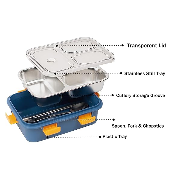 Copperika Lunch Box Sealed Leakage Proof Stainless Steel Lunch Box 3 Compartment for School Kids and Adults, 750mlwith Fork,Chopstick & Spoon Lid Office Food Container