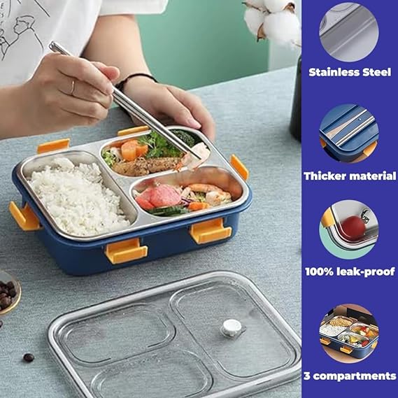 Copperika Lunch Box Sealed Leakage Proof Stainless Steel Lunch Box 3 Compartment for School Kids and Adults, 750mlwith Fork,Chopstick & Spoon Lid Office Food Container