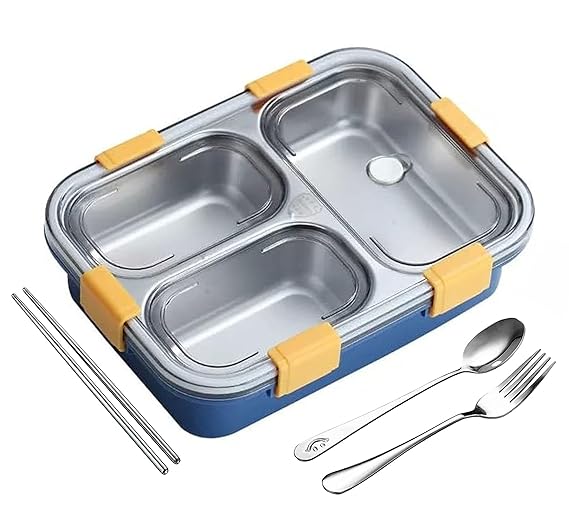 Copperika Lunch Box Sealed Leakage Proof Stainless Steel Lunch Box 3 Compartment for School Kids and Adults, 750mlwith Fork,Chopstick & Spoon Lid Office Food Container