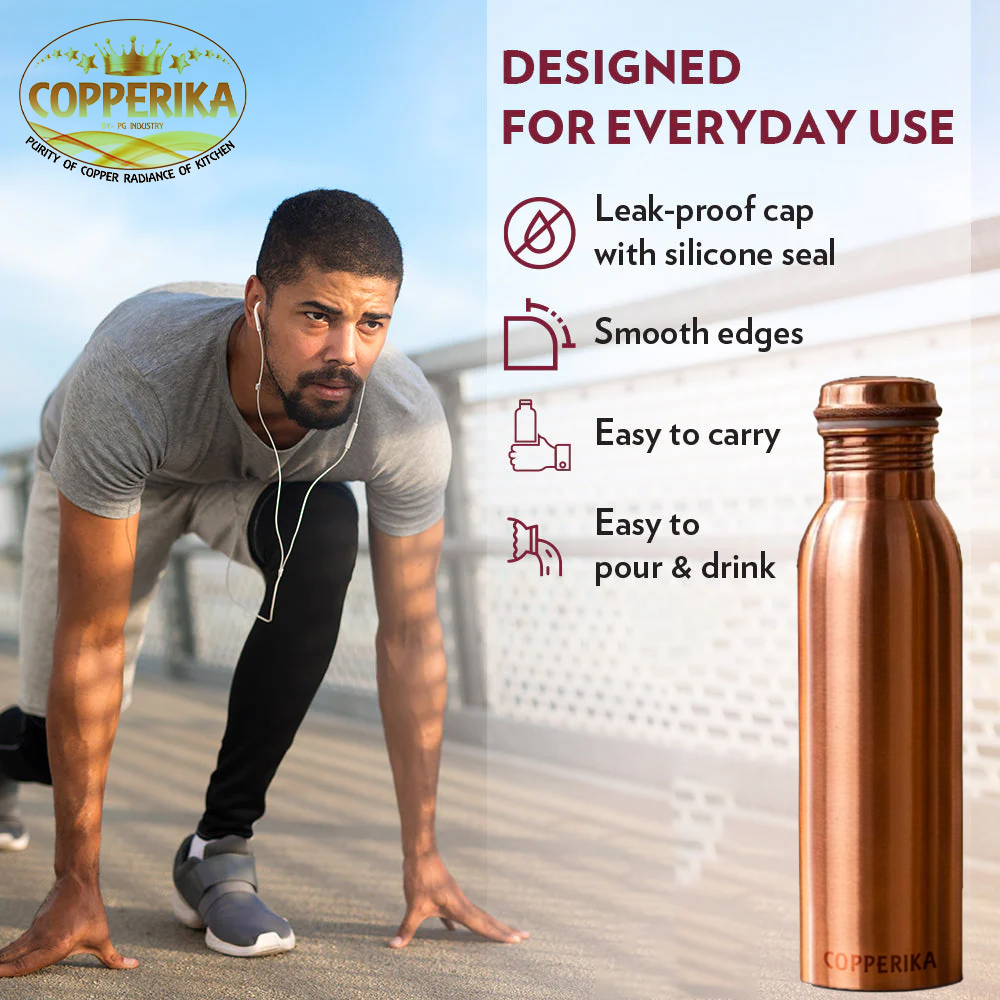 Copperika Pure Copper Water Bottle 750ml Original With Ayurvedic & Other Health | Heavy Build | 100% Leak Proof | BPA Free Benefits For Home, Office, Kids & Yoga
