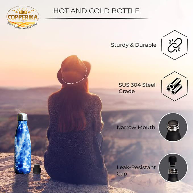 Copperika Premium Doubled Wall 304 Stainless Steel 500 ml | Blue Color| Thermosteel Bottle| | Stays Hot for 18 Hrs & Cold for 24 Hrs | Rustproof & Leakproof |for Home,Office,Camping,Travel, Gym,School