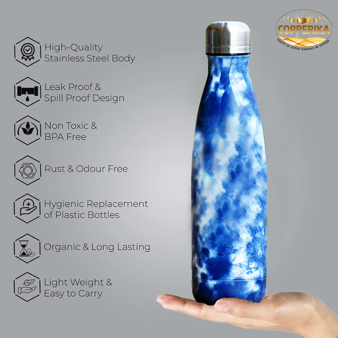 Copperika Premium Doubled Wall 304 Stainless Steel 500 ml | Blue Color| Thermosteel Bottle| | Stays Hot for 18 Hrs & Cold for 24 Hrs | Rustproof & Leakproof |for Home,Office,Camping,Travel, Gym,School