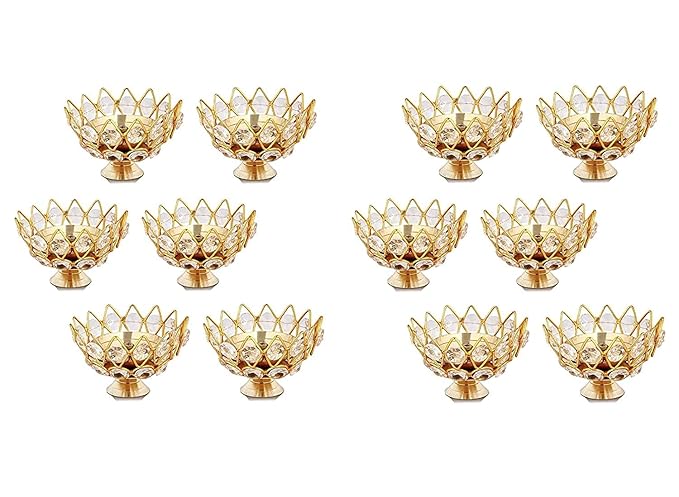 Copperika Golden Brass Crystal Lotus Kamal Shape Round Akhand Diya | Size L / W 3 Inc & H - 2.1 Inc Jyoti Oil Lamp for Home Puja Pooja Temple Mandir Diwali Decoration Items