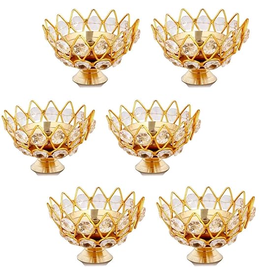 Copperika Golden Brass Crystal Lotus Kamal Shape Round Akhand Diya | Size L / W 3 Inc & H - 2.1 Inc Jyoti Oil Lamp for Home Puja Pooja Temple Mandir Diwali Decoration Items