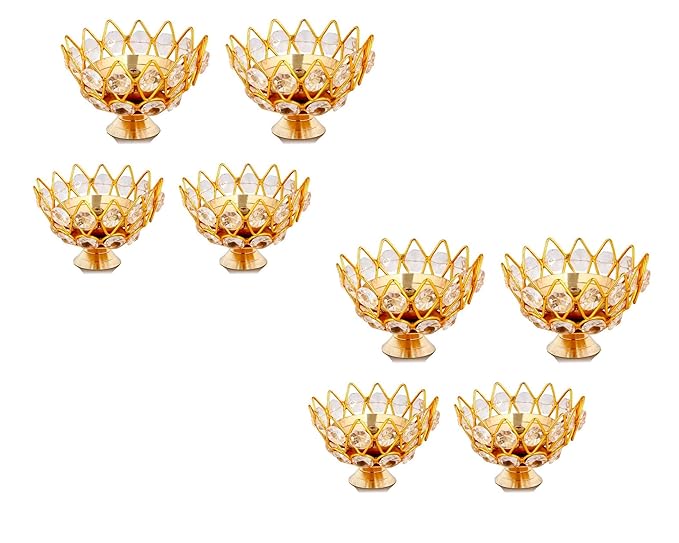 Copperika Golden Brass Crystal Lotus Kamal Shape Round Akhand Diya | Size L / W 3 Inc & H - 2.1 Inc Jyoti Oil Lamp for Home Puja Pooja Temple Mandir Diwali Decoration Items